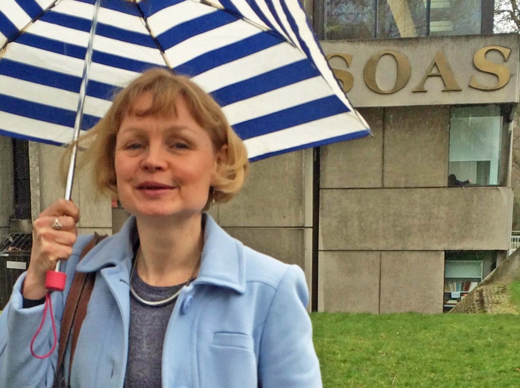 Louise Roberts at SOAS, sheltering from the elements