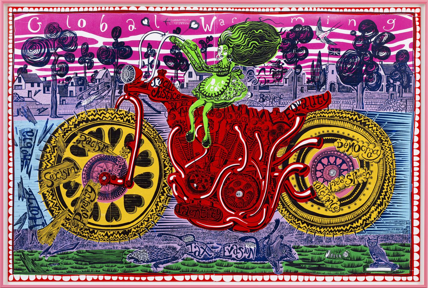 Grayson Perry's selfie from the Summer Exhibition - a green goblin on a big yellow bicycle
